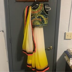 Yellow, Cream, Coral Sari/Saree with Black and Blue detail and gold embroidery